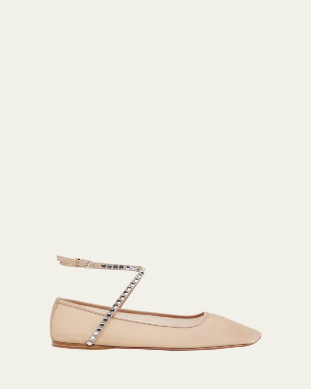 Ane Mesh Crystal Ankle-Strap Ballerina Flats