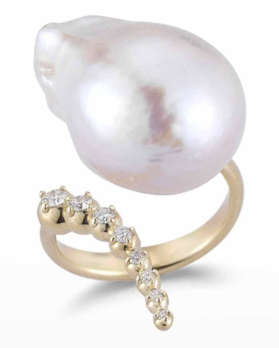 Curved Baroque Pearl & Diamond Ring in 14K Gold