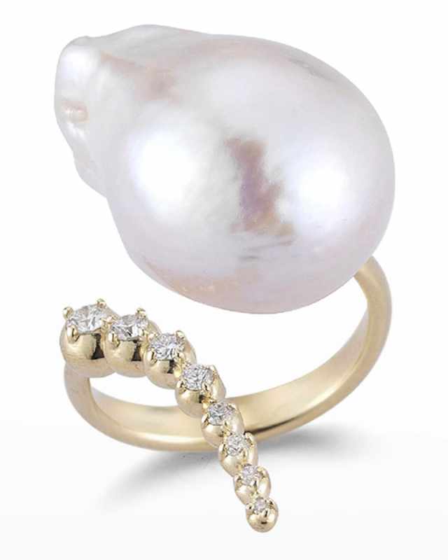 Curved Baroque Pearl & Diamond Ring in 14K Gold