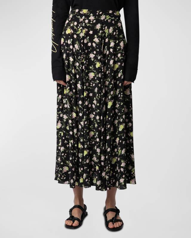 Joyo Soft Crinkle Rose-Print Maxi Skirt