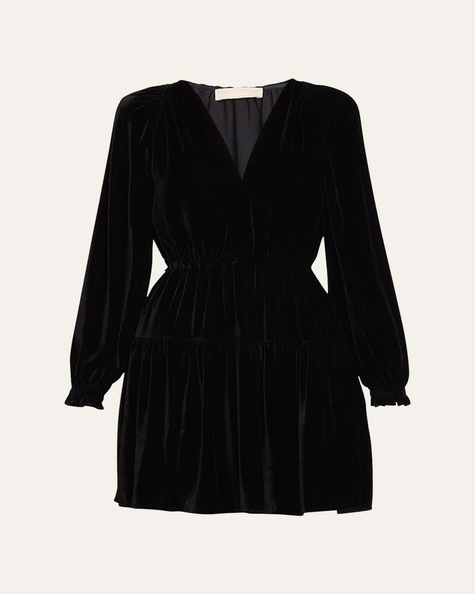 Audrey Tiered Puff-Sleeve Velvet Mini Dress