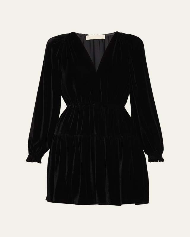 Audrey Tiered Puff-Sleeve Velvet Mini Dress