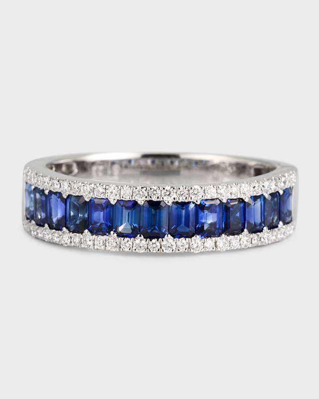 18K White Gold Ring with Blue Sapphires and Diamonds, Size 6.5