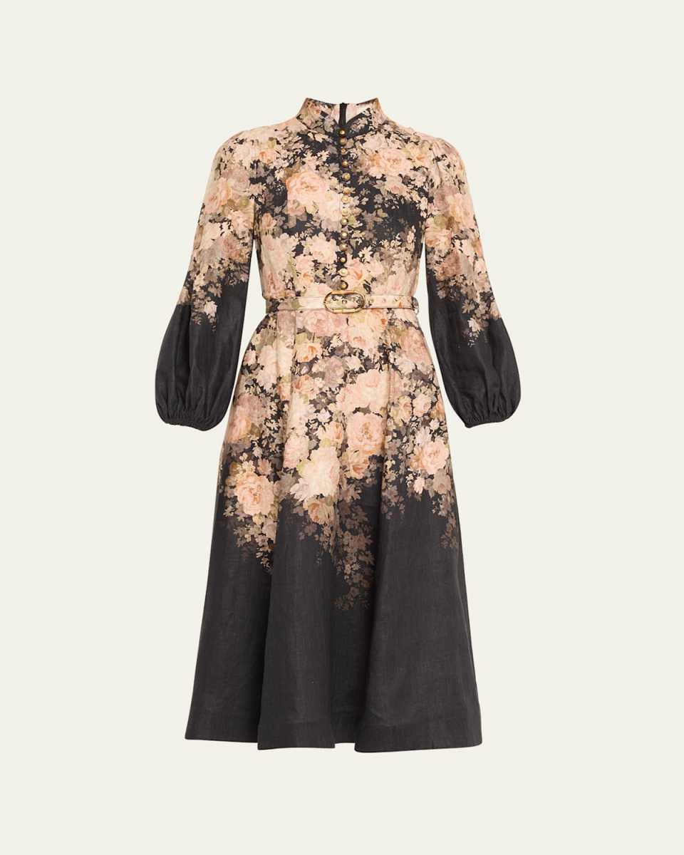 Floral-Print Long-Sleeve Belted Linen Midi Dress