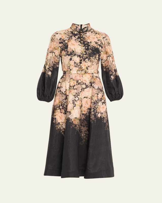 Floral-Print Long-Sleeve Belted Linen Midi Dress