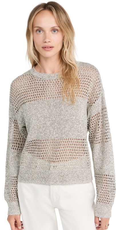 ATM Anthony Thomas Melillo Cotton Linen Blend Open Knit Crew Neck Sweater Juniper Marle