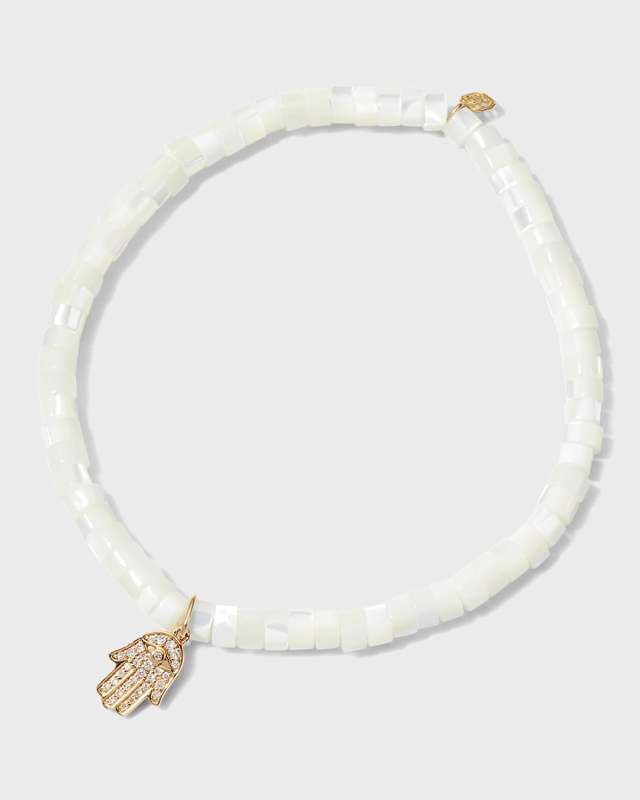 4mm Mother-of-Pearl Bracelet with Small Pave Hamsa Charm