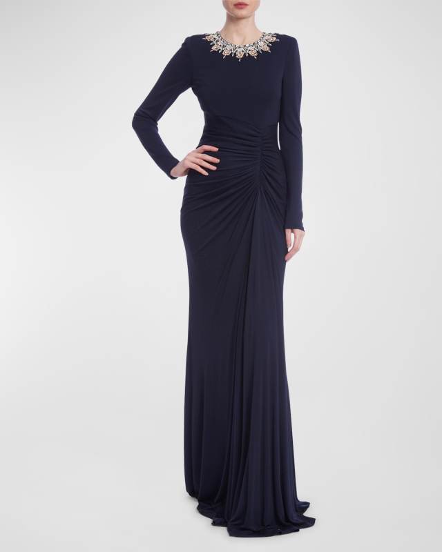 Jewel-Embellished Ruched Jersey Gown