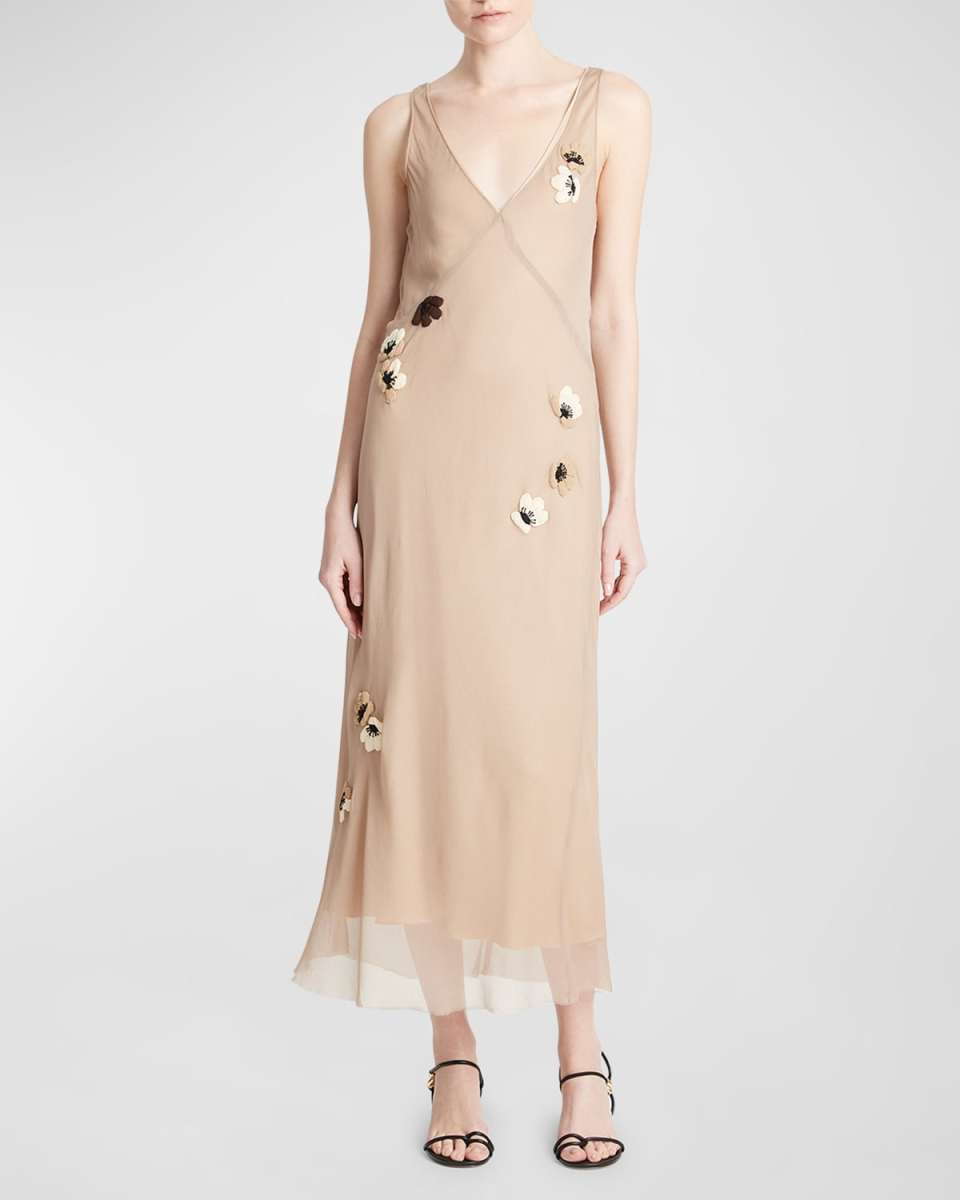 Wild Floral Applique V-Neck Long Slip Dress