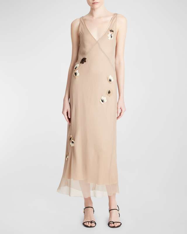 Wild Floral Applique V-Neck Long Slip Dress
