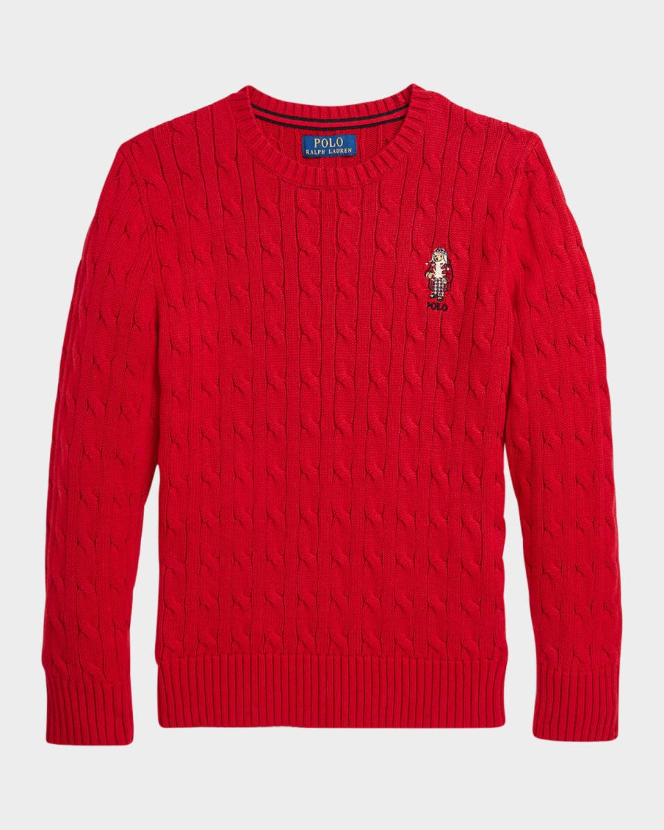 Boy's Cable Knit Sweater W/ Embroidered Mascot, Size 2-7