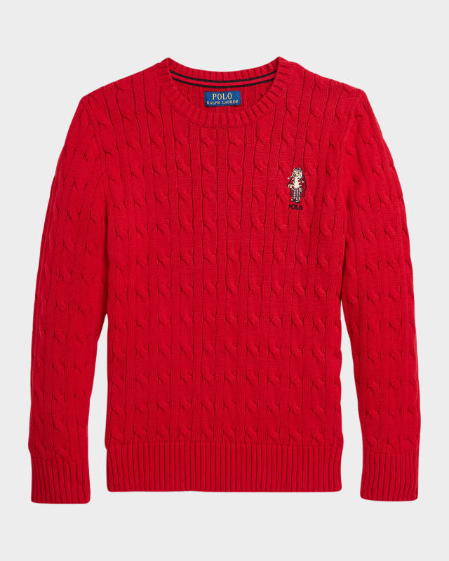 Boy's Cable Knit Sweater W/ Embroidered Mascot, Size 2-7