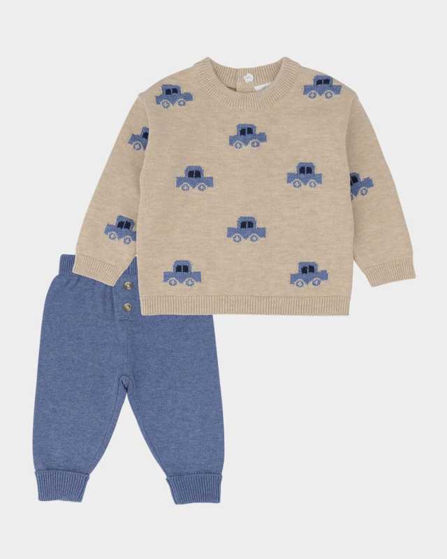 Boy's Car Intarsia Knit Sweater & Pants Set, Size 3M-24