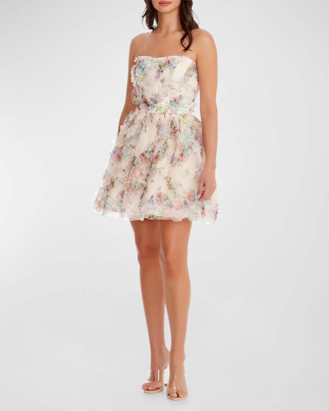 Sasha Strapless Floral-Print Ruffle Mini Dress