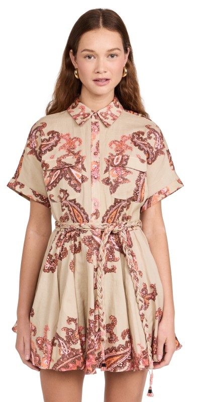 Hemant and Nandita Short Dress with Tie Up Belt Beige And Orange Mix