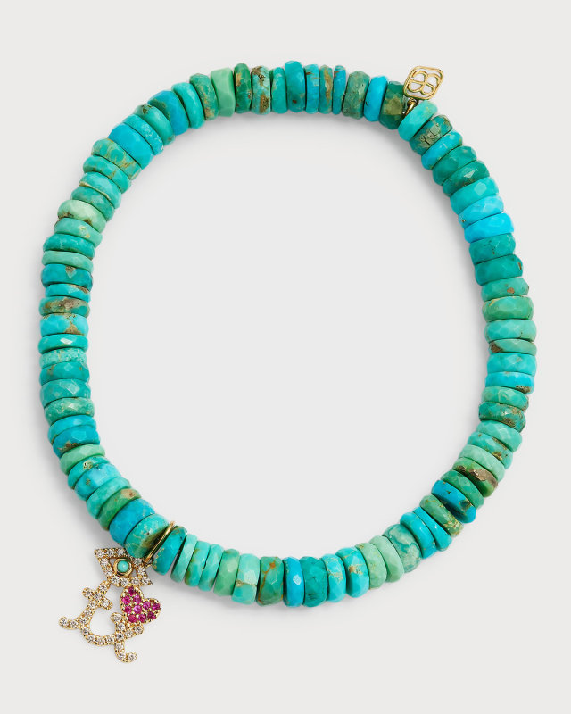 Eye Heart TX Charm on Arizona Turquoise Faceted Wheel Bracelet