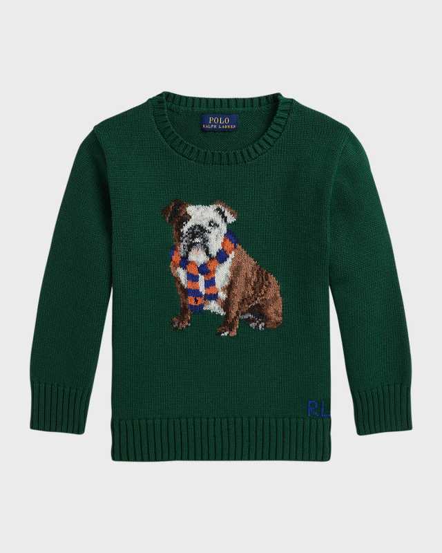 Boy's Bulldog Intarsia Knit Sweater, Size S-X