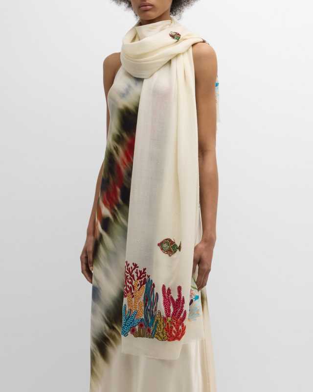 Swirling Reef Embellished Merino Wool Scarf