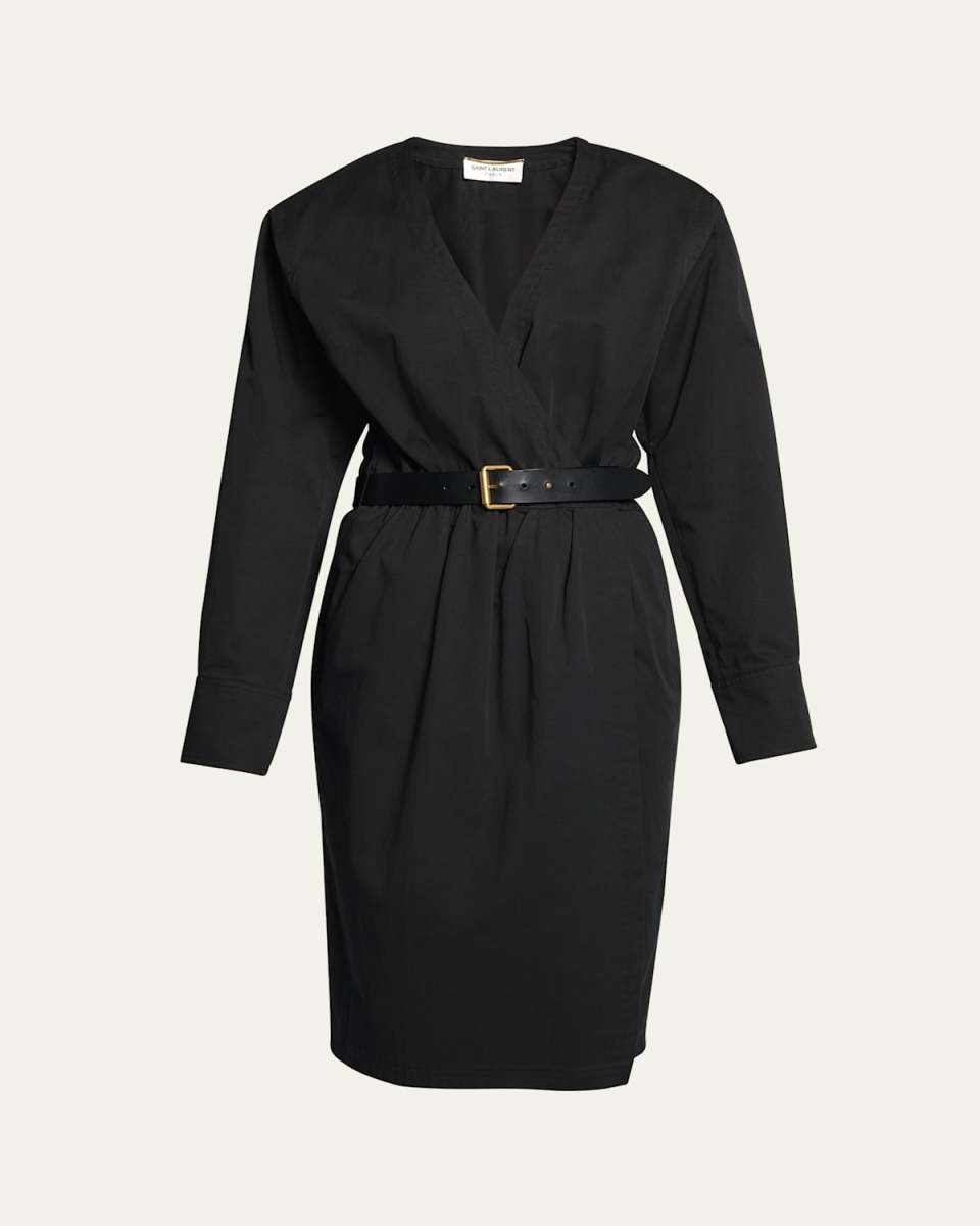 V-Neck Long-Sleeve Belted Wrap Dress