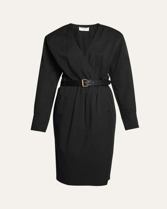 V-Neck Long-Sleeve Belted Wrap Dress