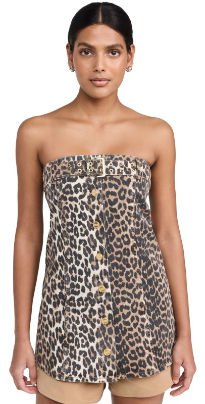 GANNI Print Denim Corsage Leopard