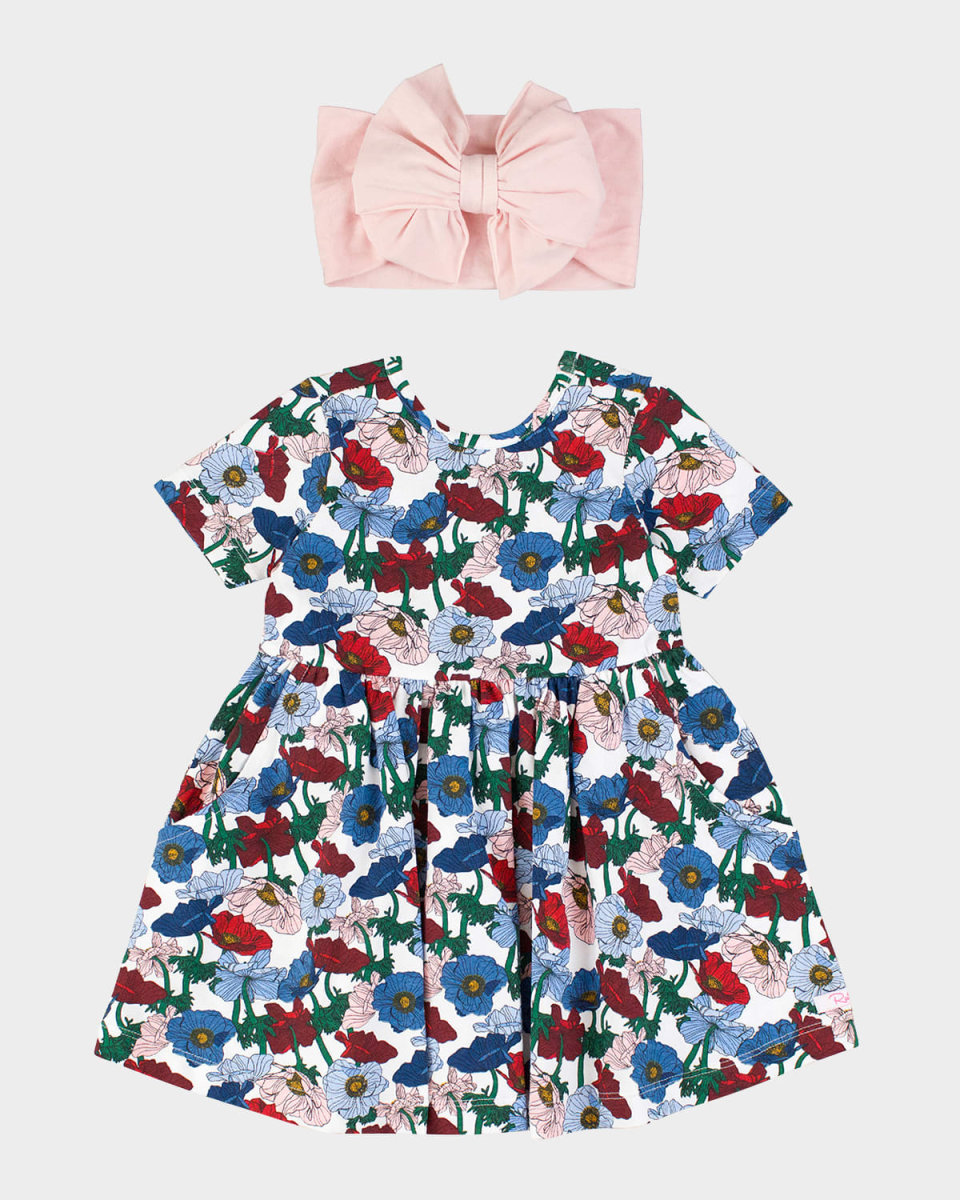 Girl's Poppy Petals Dress W/ Headband Set, Size 3M-10