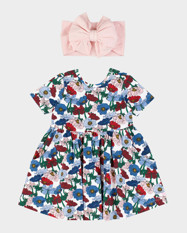 Girl's Poppy Petals Dress W/ Headband Set, Size 3M-10