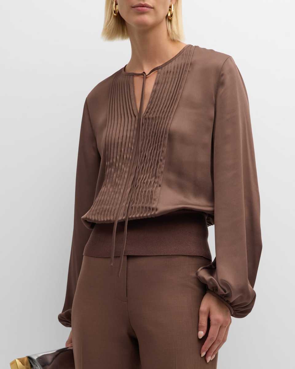 Pintuck Blouson-Sleeve Satin Blouse