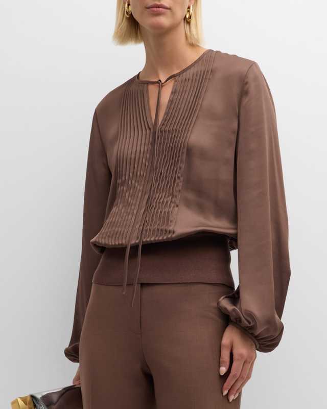 Pintuck Blouson-Sleeve Satin Blouse