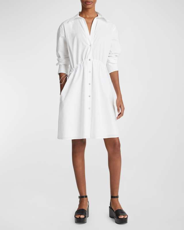Drawcord Ruched Cotton Mini Shirtdress