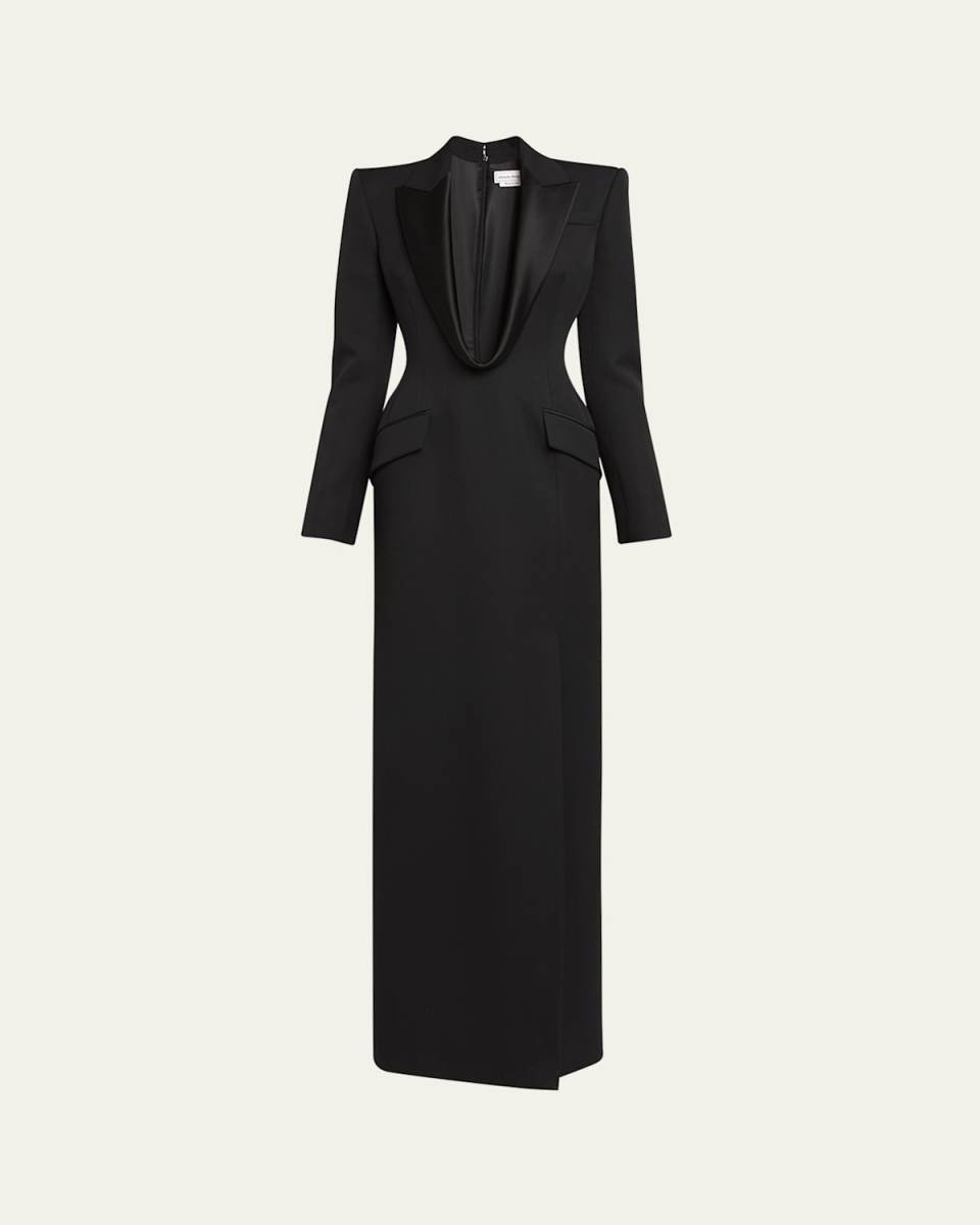 Plunging Tuxedo Blazer Wool Column Gown