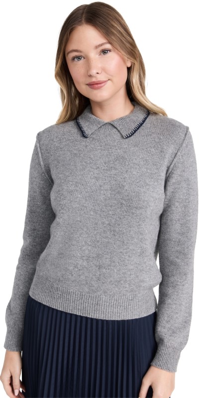 Jumper 1234 Blanket Stitch Collar Sweater Grey Navy