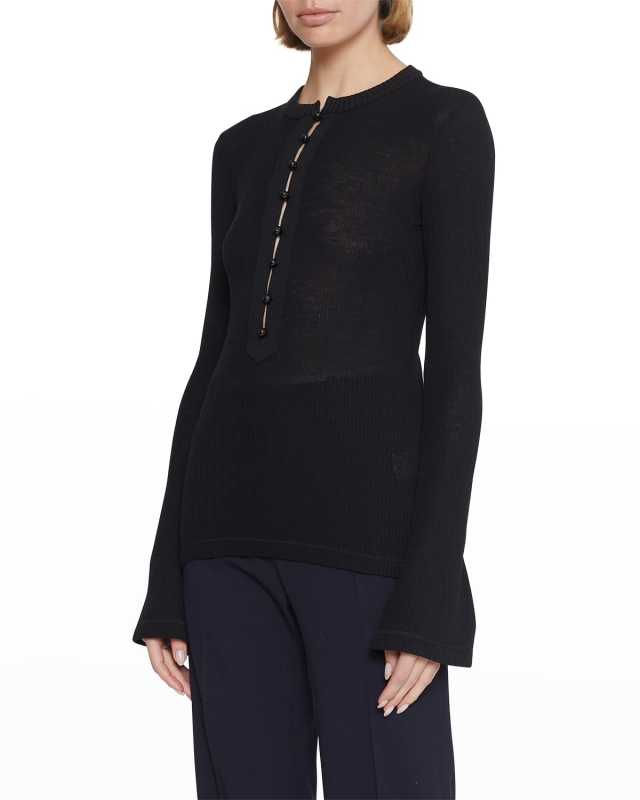 Flare-Sleeve Half-Button Rib Jersey Top