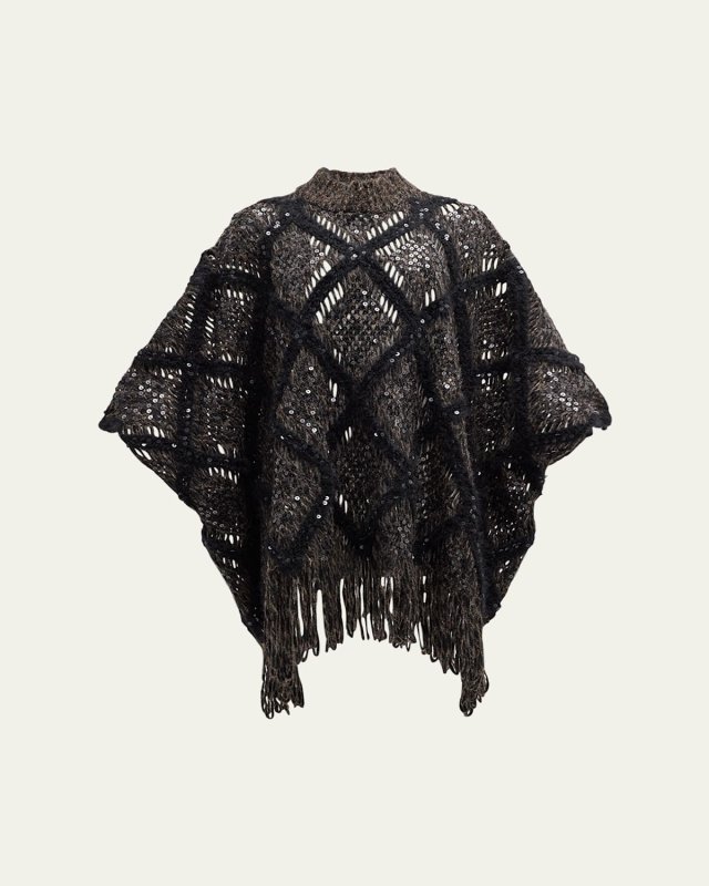Knit Poncho with Macro Argyle Embroidery and Paillette Detai