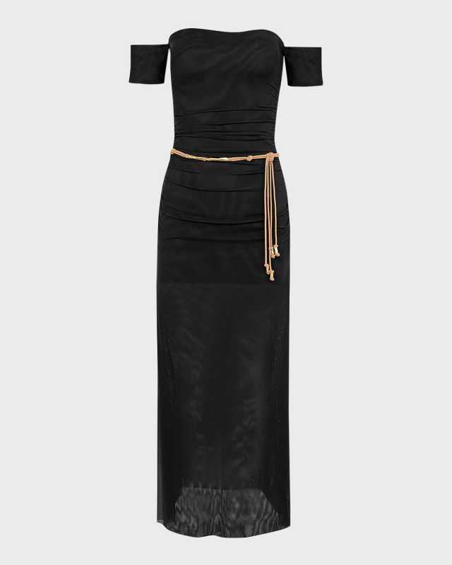 Solid Brine Off-Shoulder Mesh Maxi Dress