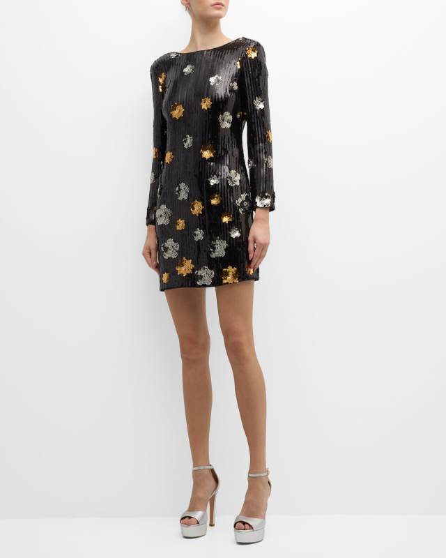 Selene Bateau-Neck Floral Sequin Mini Dress