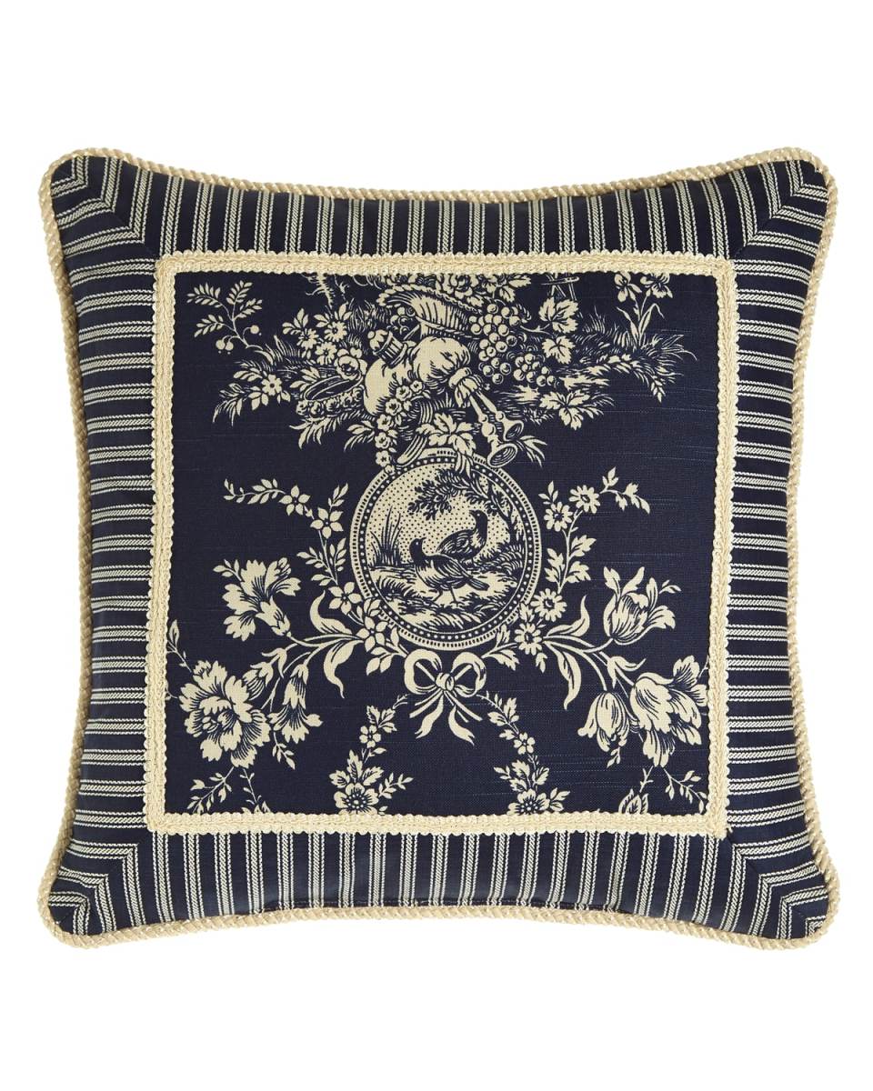 Country Toile Pillow with Striped Frame, 19"Sq.