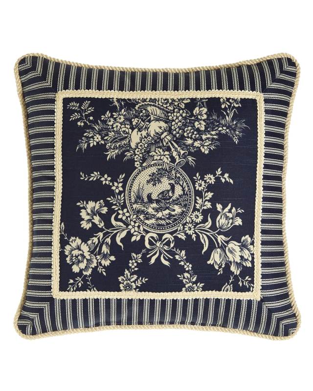 Country Toile Pillow with Striped Frame, 19"Sq.
