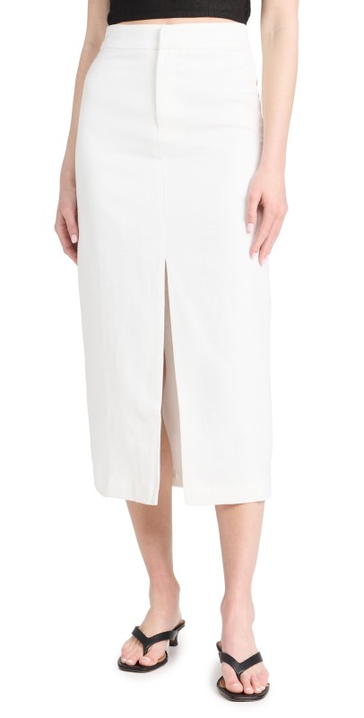 endless rose Front Slit Linen Midi Skirt White