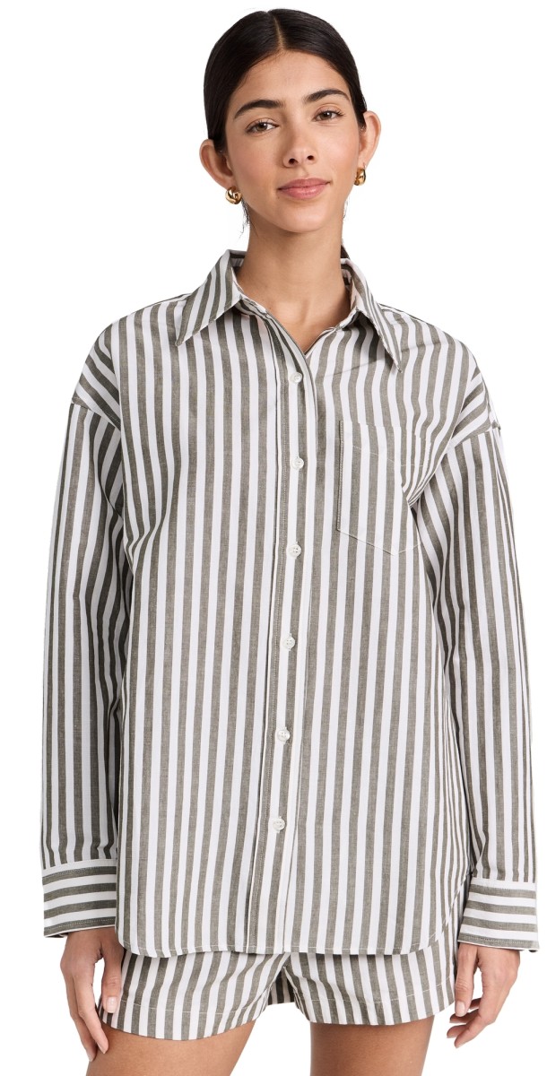 La Ligne Striped Oversized Button Down Shirt Dark Olive/White