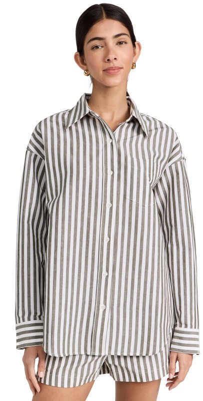 La Ligne Striped Oversized Button Down Shirt Dark Olive/White