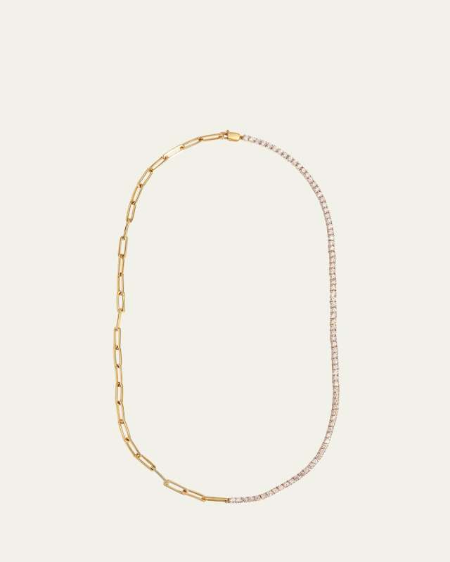 14K Yellow Gold Half Tennis Half Paperclip Necklace, 16.5"L