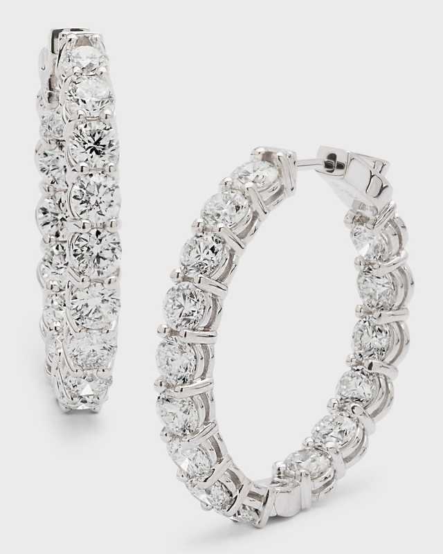 18K White Gold Diamond Hoop Earrings, 9.60tcw, 1"L