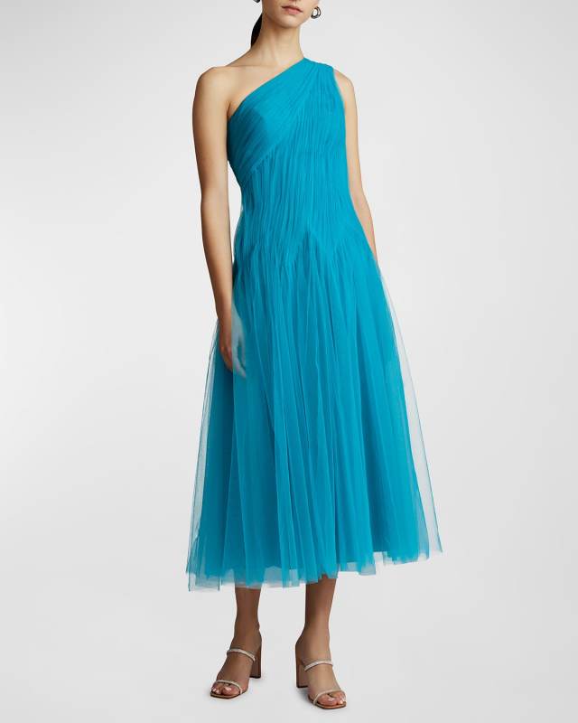 Ruched One-Shoulder Tulle Midi Dress