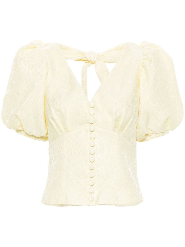 floral-cloqué puff-sleeves blouse