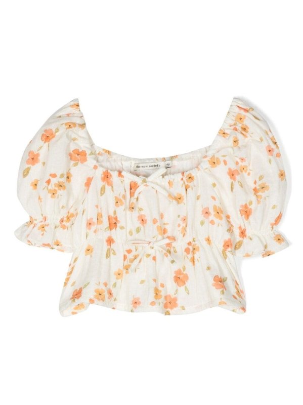 puff-sleeve floral-print blouse