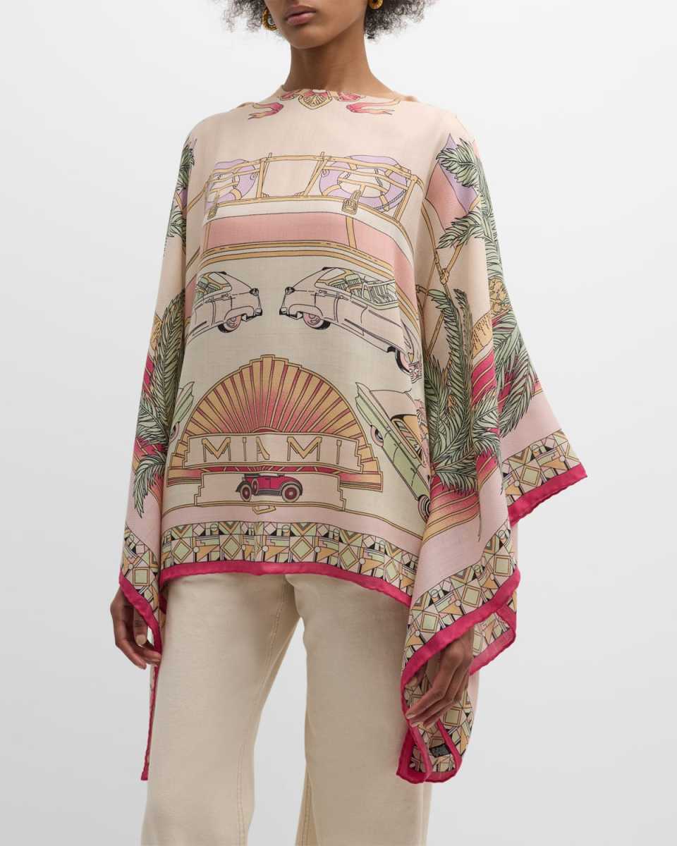 Miami Pink Print Cashmere-Blend Poncho