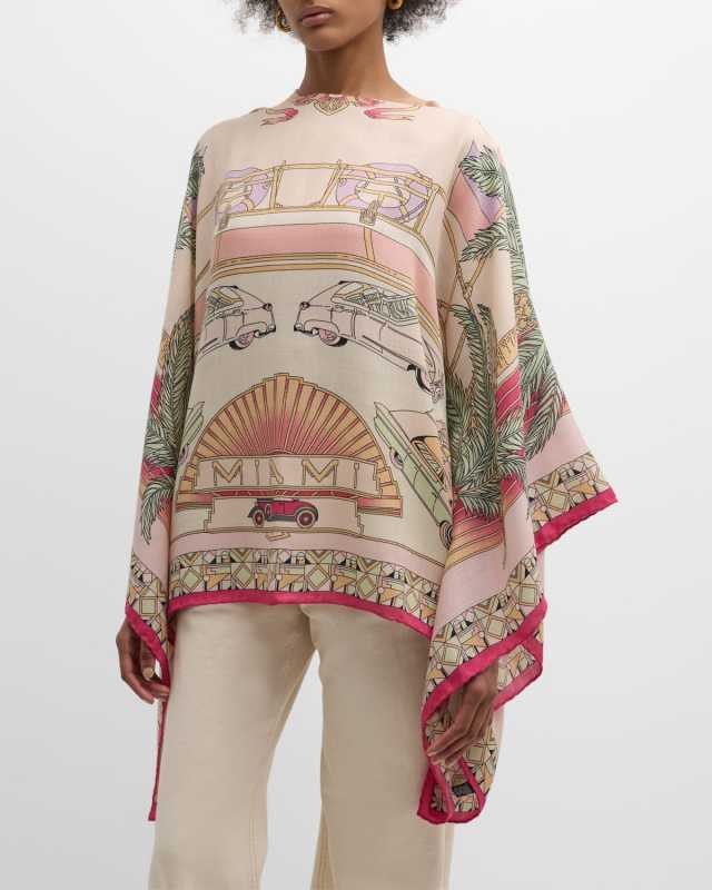 Miami Pink Print Cashmere-Blend Poncho