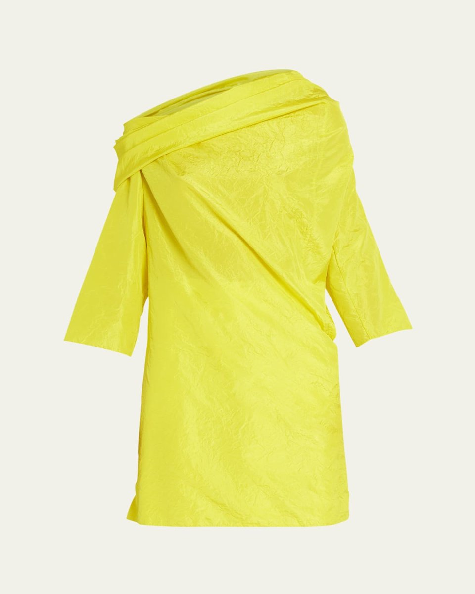 Sifo Draped One-Shoulder Long-Sleeve Crinkle Silk Top
