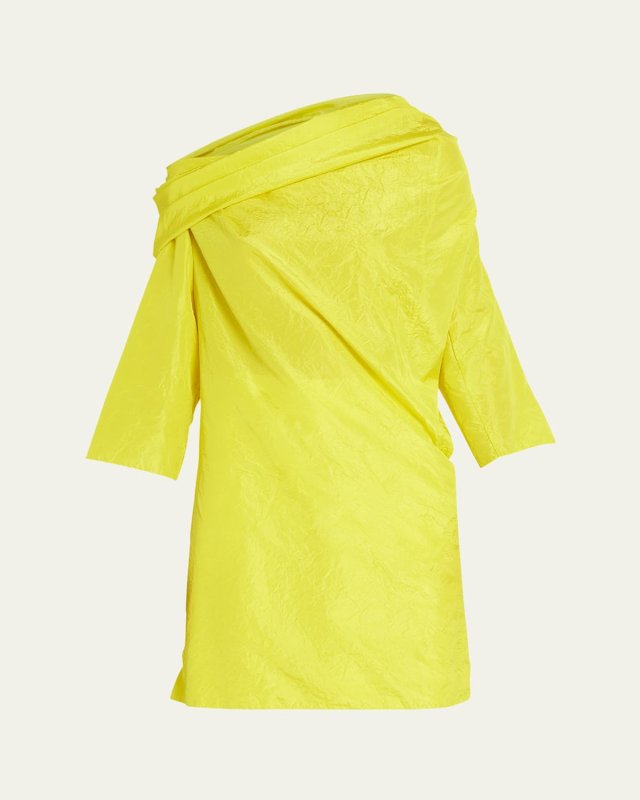 Sifo Draped One-Shoulder Long-Sleeve Crinkle Silk Top